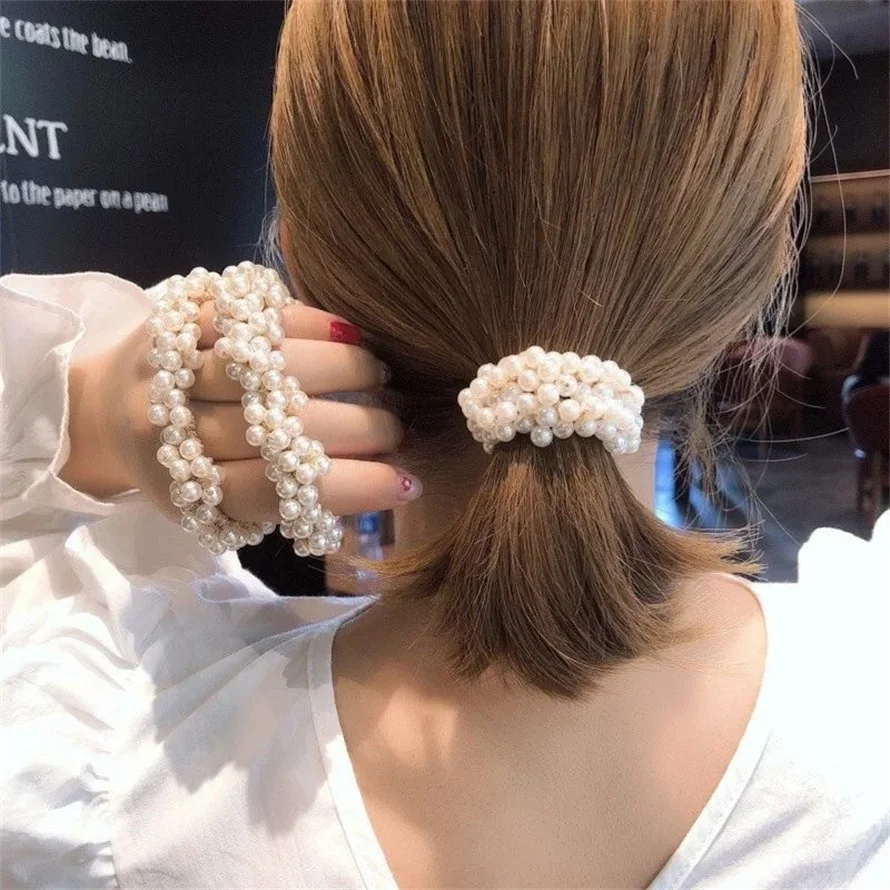 Woman Elegant Pearl Hair Ties  - Silicone Band Women avaliação e preço